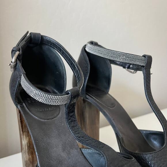 Brunello Cucinelli Black Leather Platform Block Heel Peep T-Strap Sandals 40.5 - Picture 13 of 13